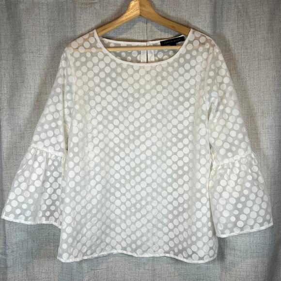 TOMMY HILFIGER Sheer Polka Dot Bell Sleeve Blouse White Women's Size Large - Picture 1 of 8